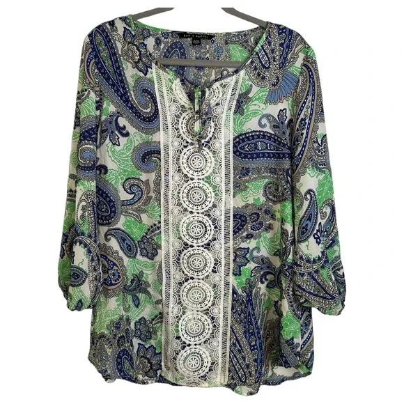 GUC Zac & Rachel Womens Sz XL Blue and Mint Green with Lace Paisley Blouse - Picture 1 of 7